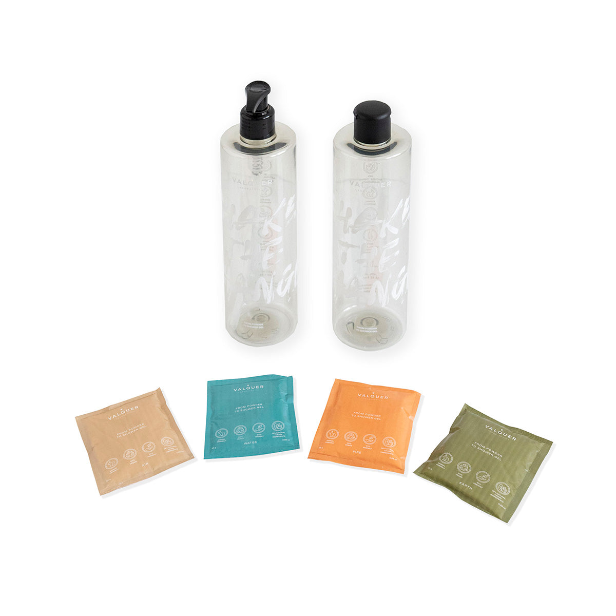 Valquer Shake - Pack 4 geles de baño sostenibles - 2 botellas + 4 sobre de 25 gr