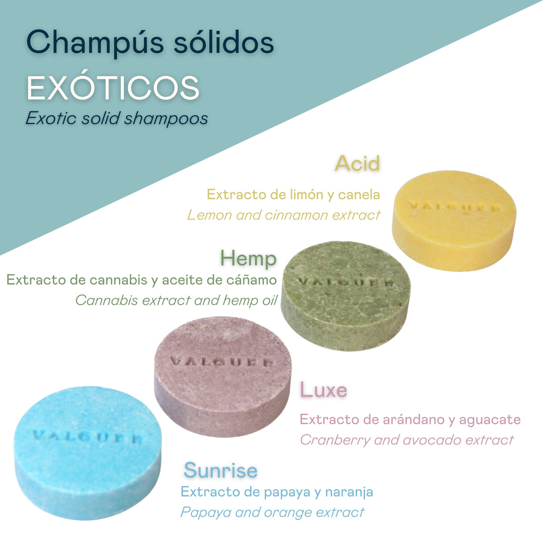 Pack 4 champús sólidos exóticos: Acid, Luxe, Sunrise y Hemp